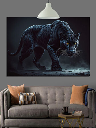 Karanlıkta Yürüyen Kara Panter Dekoratif Kanvas - Mdf Ahşap Tablo