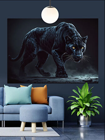 Karanlıkta Yürüyen Kara Panter Dekoratif Kanvas - Mdf Ahşap Tablo