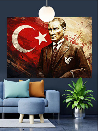 Bayrak Önünde Atatürk Portresi Dekoratif Kanvas - Mdf Ahşap Tablo