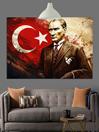 Bayrak Önünde Atatürk Portresi Dekoratif Kanvas - Mdf Ahşap Tablo