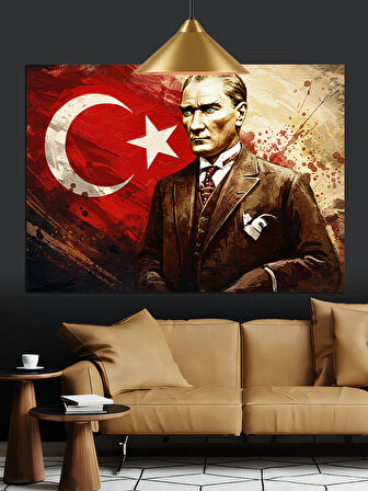 Bayrak Önünde Atatürk Portresi Dekoratif Kanvas - Mdf Ahşap Tablo