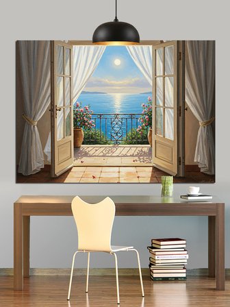Balkon Kapısından Deniz Manzarası Dekoratif Kanvas - Mdf Ahşap Tablo
