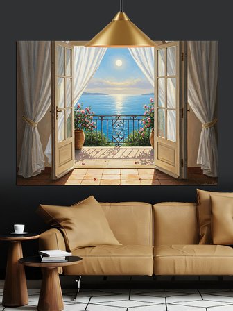 Balkon Kapısından Deniz Manzarası Dekoratif Kanvas - Mdf Ahşap Tablo