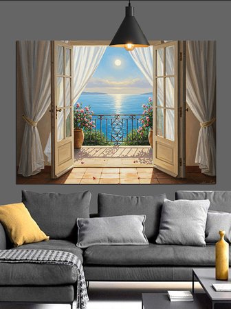Balkon Kapısından Deniz Manzarası Dekoratif Kanvas - Mdf Ahşap Tablo