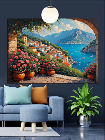 Akdeniz Manzaralı Çiçekli Evler Dekoratif Kanvas - Mdf Ahşap Tablo