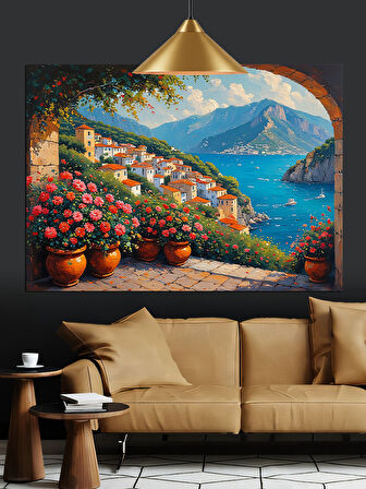 Akdeniz Manzaralı Çiçekli Evler Dekoratif Kanvas - Mdf Ahşap Tablo