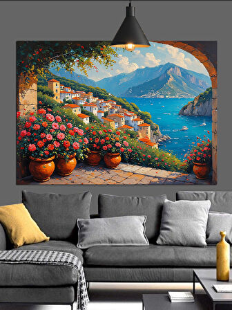 Akdeniz Manzaralı Çiçekli Evler Dekoratif Kanvas - Mdf Ahşap Tablo