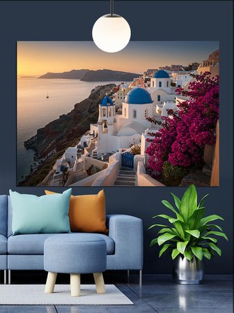 Santorini Evleri Deniz Manzarası Dekoratif Kanvas - Mdf Ahşap Tablo