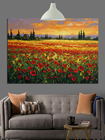 Kırmızı Gelinciklerle Çiçek Tarlası Dekoratif Kanvas - Mdf Ahşap Tablo