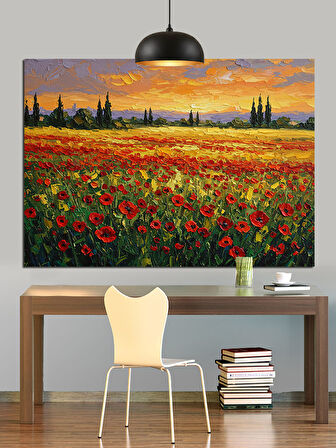 Kırmızı Gelinciklerle Çiçek Tarlası Dekoratif Kanvas - Mdf Ahşap Tablo