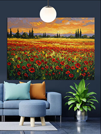 Kırmızı Gelinciklerle Çiçek Tarlası Dekoratif Kanvas - Mdf Ahşap Tablo