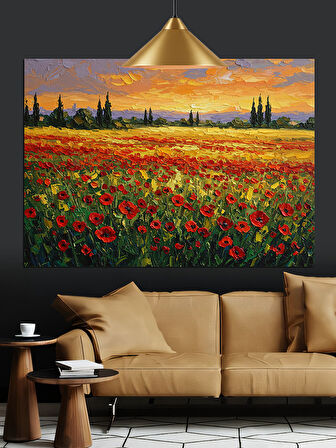 Kırmızı Gelinciklerle Çiçek Tarlası Dekoratif Kanvas - Mdf Ahşap Tablo