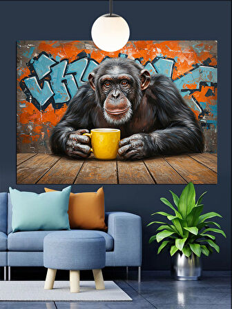 Kahve İçen Şirin Maymun Dekoratif Kanvas - Mdf Ahşap Tablo
