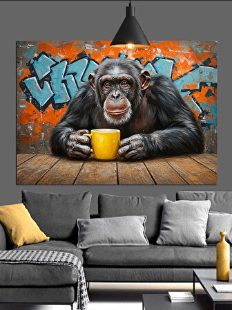 Kahve İçen Şirin Maymun Dekoratif Kanvas - Mdf Ahşap Tablo