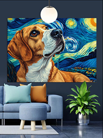 Yıldızlı Gökyüzünde Beagle Köpek Dekoratif Kanvas - Mdf Ahşap Tablo