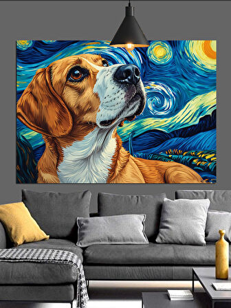 Yıldızlı Gökyüzünde Beagle Köpek Dekoratif Kanvas - Mdf Ahşap Tablo