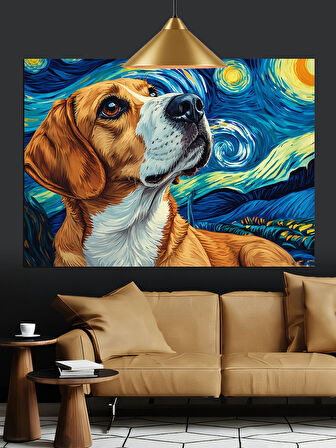 Yıldızlı Gökyüzünde Beagle Köpek Dekoratif Kanvas - Mdf Ahşap Tablo