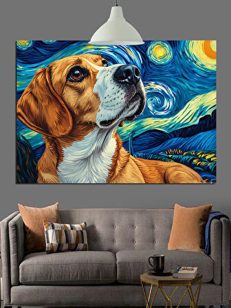 Yıldızlı Gökyüzünde Beagle Köpek Dekoratif Kanvas - Mdf Ahşap Tablo