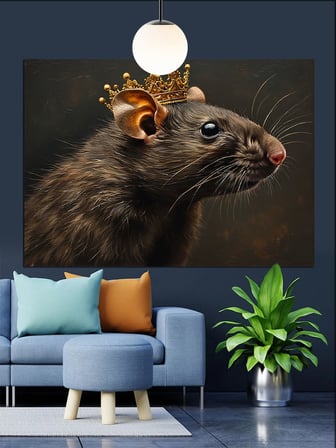 Taçlı Savaşçı Fare Portresi Dekoratif Kanvas - Mdf Ahşap Tablo