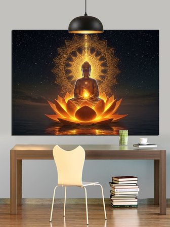 Lotus Çiçekleriyle Buda Heykeli Dekoratif Kanvas - Mdf Ahşap Tablo