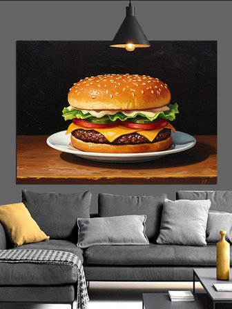 Büyük Lezzetli Çizim Hamburger Dekoratif Kanvas - Mdf Ahşap Tablo