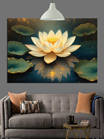 Su Üzerinde Açmış Beyaz Lotus Çiçeği Dekoratif Kanvas - Mdf Ahşap Tablo