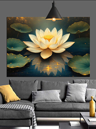 Su Üzerinde Açmış Beyaz Lotus Çiçeği Dekoratif Kanvas - Mdf Ahşap Tablo