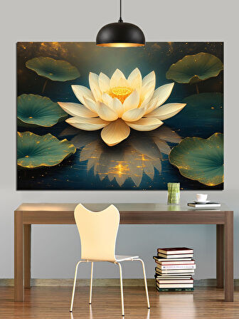Su Üzerinde Açmış Beyaz Lotus Çiçeği Dekoratif Kanvas - Mdf Ahşap Tablo