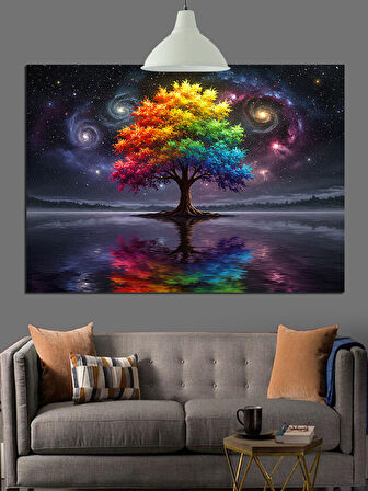 Gökkuşağı Renklerinde Yemyeşil Hayat Ağacı Dekoratif Kanvas - Mdf Ahşap Tablo