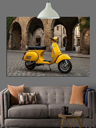 Sarı Renkte Vespa Scooter Motosiklet Dekoratif Kanvas - Mdf Ahşap Tablo