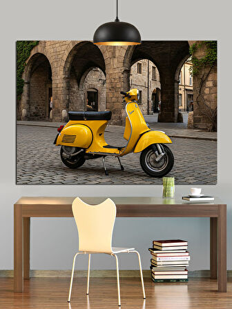Sarı Renkte Vespa Scooter Motosiklet Dekoratif Kanvas - Mdf Ahşap Tablo