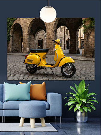 Sarı Renkte Vespa Scooter Motosiklet Dekoratif Kanvas - Mdf Ahşap Tablo