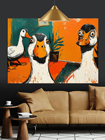 Üç Beyaz Ördek Komik Hayvan Portresi Dekoratif Kanvas - Mdf Ahşap Tablo