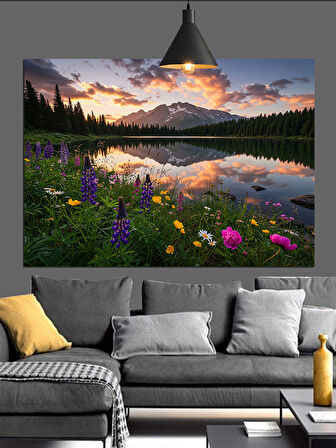 Mor Çiçekli Doğa Manzarası Dekoratif Kanvas - Mdf Ahşap Tablo