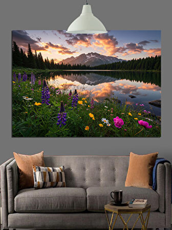 Mor Çiçekli Doğa Manzarası Dekoratif Kanvas - Mdf Ahşap Tablo