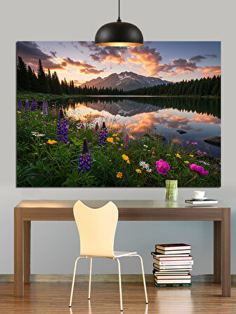 Mor Çiçekli Doğa Manzarası Dekoratif Kanvas - Mdf Ahşap Tablo