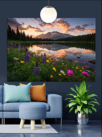 Mor Çiçekli Doğa Manzarası Dekoratif Kanvas - Mdf Ahşap Tablo