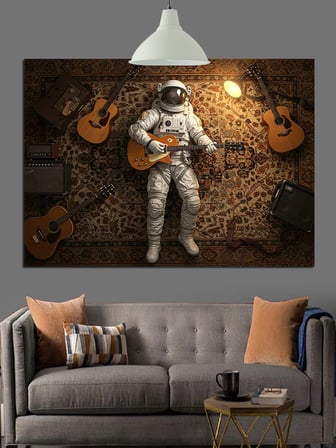 Gitarist Astronot Uzay Giysili Dekoratif Kanvas - Mdf Ahşap Tablo
