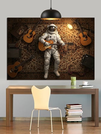 Gitarist Astronot Uzay Giysili Dekoratif Kanvas - Mdf Ahşap Tablo