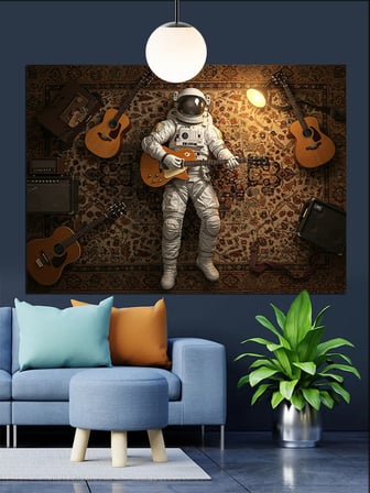 Gitarist Astronot Uzay Giysili Dekoratif Kanvas - Mdf Ahşap Tablo