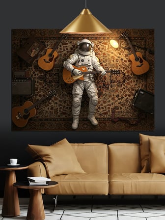 Gitarist Astronot Uzay Giysili Dekoratif Kanvas - Mdf Ahşap Tablo