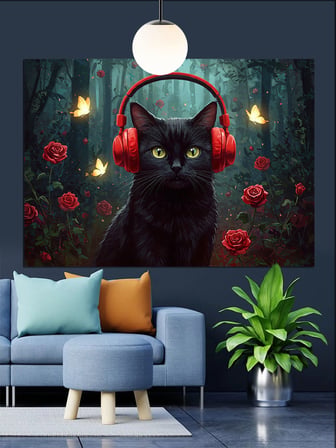 Kara Kedi Kulaklık Müzik Dekoratif Kanvas - Mdf Ahşap Tablo