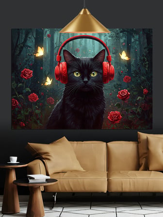 Kara Kedi Kulaklık Müzik Dekoratif Kanvas - Mdf Ahşap Tablo