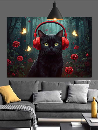 Kara Kedi Kulaklık Müzik Dekoratif Kanvas - Mdf Ahşap Tablo