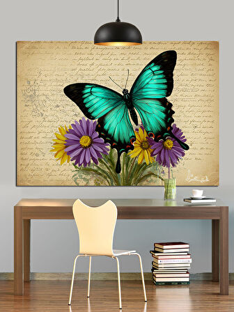 Mavi Kelebek Vintage Kağıt Dekoratif Kanvas - Mdf Ahşap Tablo