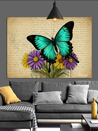 Mavi Kelebek Vintage Kağıt Dekoratif Kanvas - Mdf Ahşap Tablo