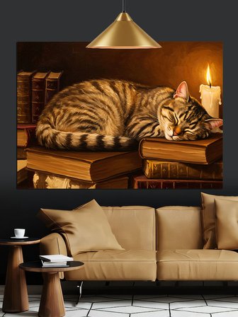 Uyuyan Çizgili Kedi Keyifli Dekoratif Kanvas - Mdf Ahşap Tablo