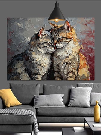 İki Kedi Dostça Sarılmış Dekoratif Kanvas - Mdf Ahşap Tablo
