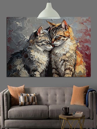 İki Kedi Dostça Sarılmış Dekoratif Kanvas - Mdf Ahşap Tablo
