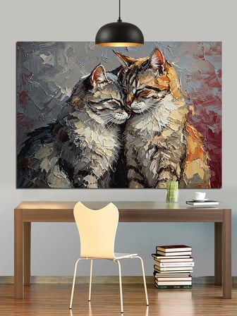 İki Kedi Dostça Sarılmış Dekoratif Kanvas - Mdf Ahşap Tablo